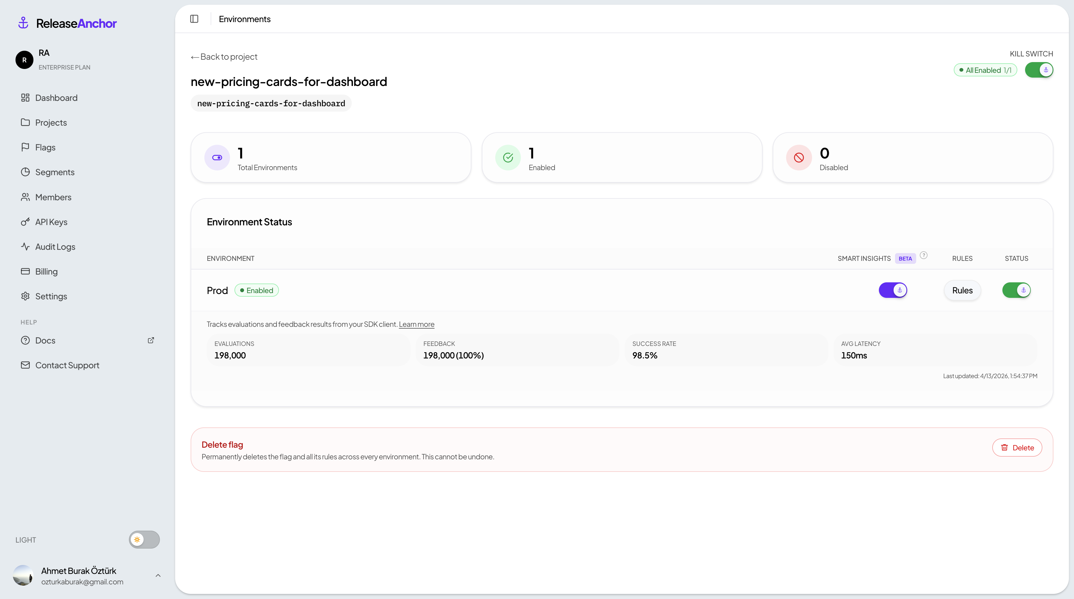 Environment view showing Smart Insights metrics such as evaluations, feedback, success rate, and average latency