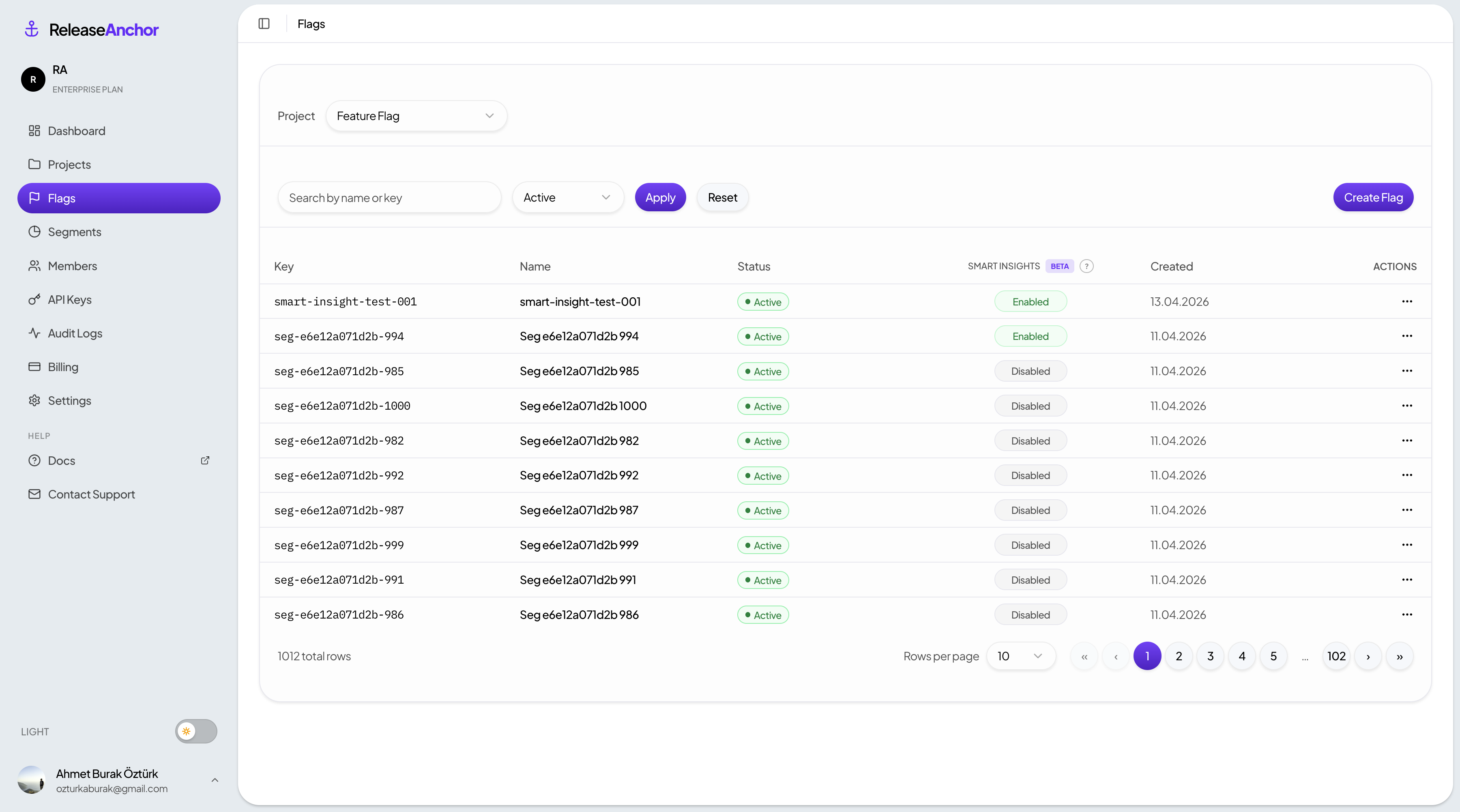 Flag list showing Smart Insights status in the Release Anchor table